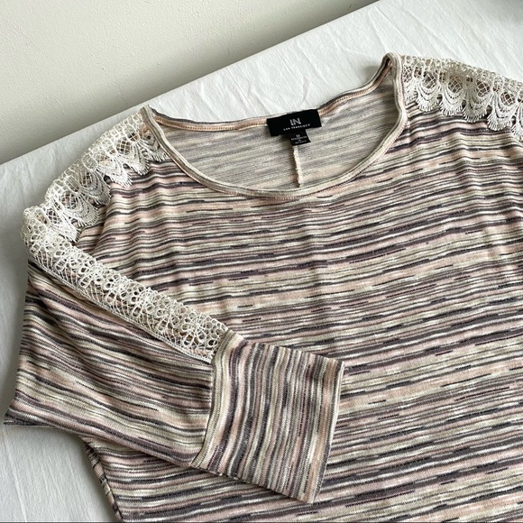 I.N. San Francisco Neutral Heathered Lace Insert Ruched Knit Sweater Top - Picture 8 of 14